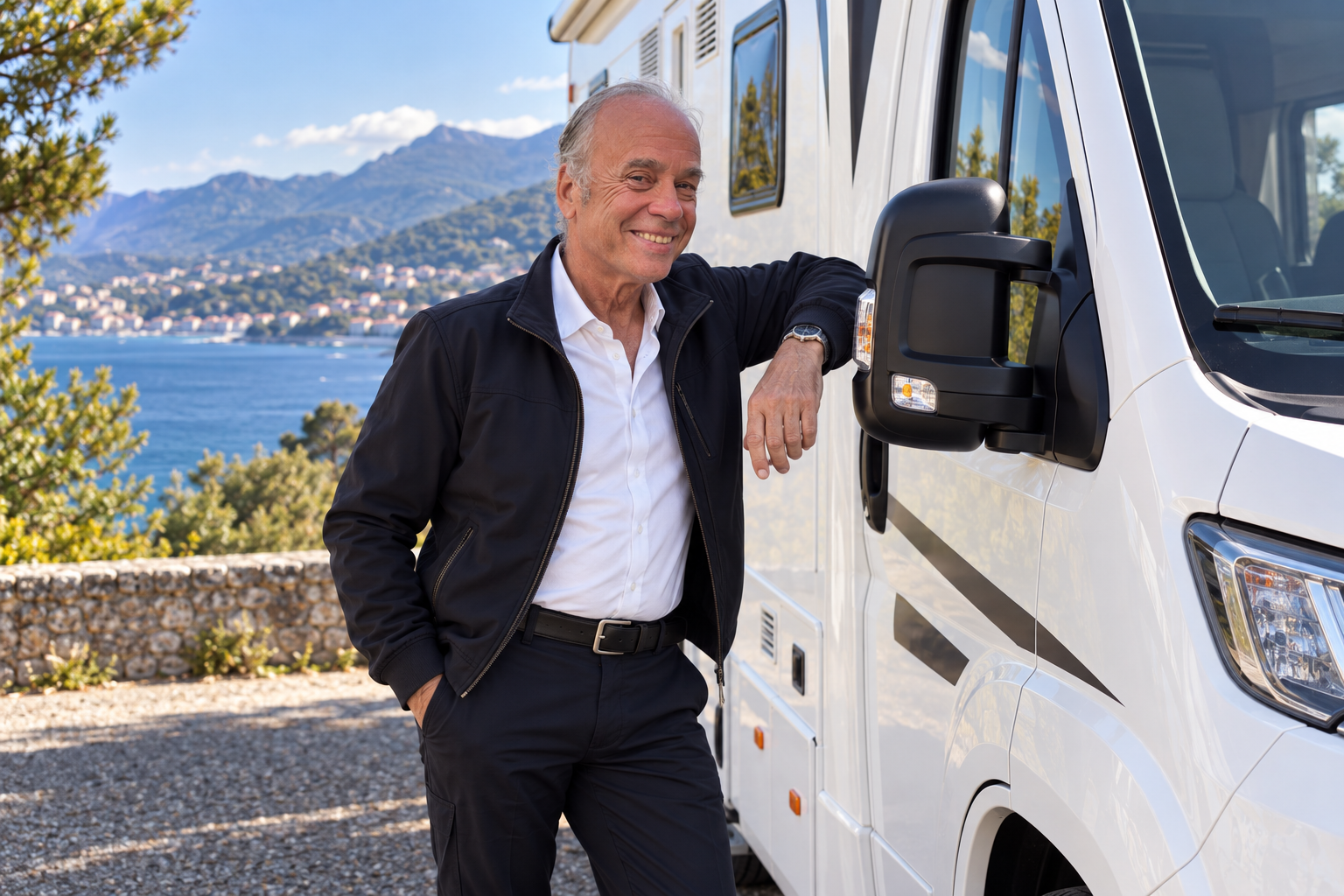Thierry Madej devant un camping-car dans un cadre de voyage